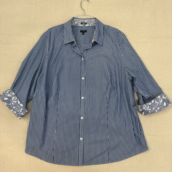 Talbots Blue & White Pin Striped Button Blouse Shirt Floral Flip Cuff 24W - Picture 1 of 14